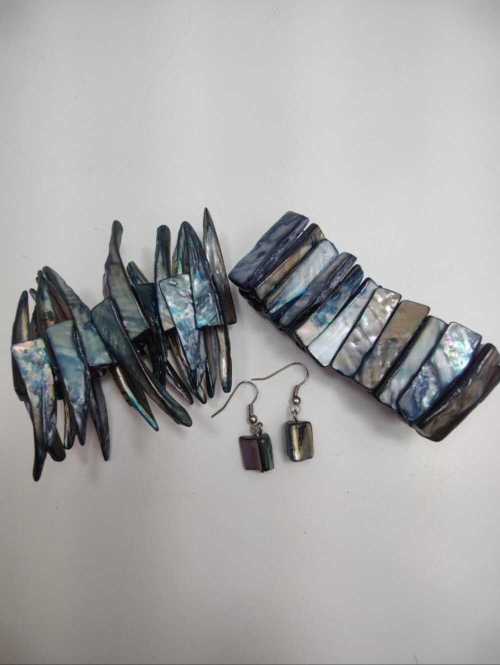 Gray Silver Abalone Shell Bracelet Set Earrings Iridescent Mother of Pearl Boho
